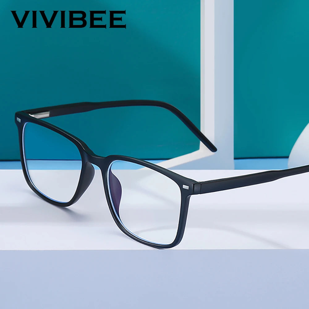 VIVIBEE Square Blue Light Blocking Men Glasses Gaming TR90 Matte Black Anti Ray Eyeglasses Computer Transparent Fashion Eyewear