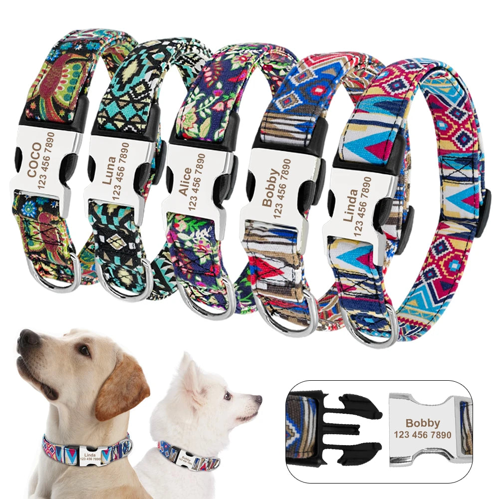 Adjustable Nylon Dog Collar Personalized Dogs Cat ID Collars With Engraved Name Buckle Anti-lost for Small Medium Large Dogs