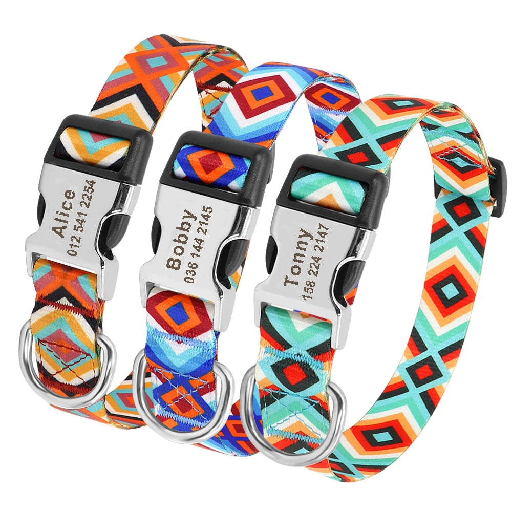 Adjustable Nylon Dog Collar Personalized Dogs Cat ID Collars With Engraved Name Buckle Anti-lost for Small Medium Large Dogs