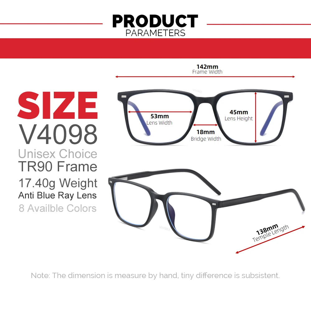 VIVIBEE Square Blue Light Blocking Men Glasses Gaming TR90 Matte Black Anti Ray Eyeglasses Computer Transparent Fashion Eyewear