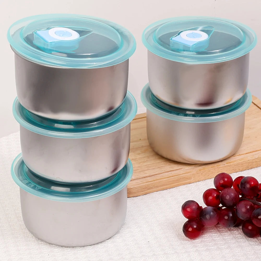 Round Leak-proof Lunch Box with Cover Stainless Steel Food Preservation Box Heat Resistant Sealed Food Storage Tank Tableware