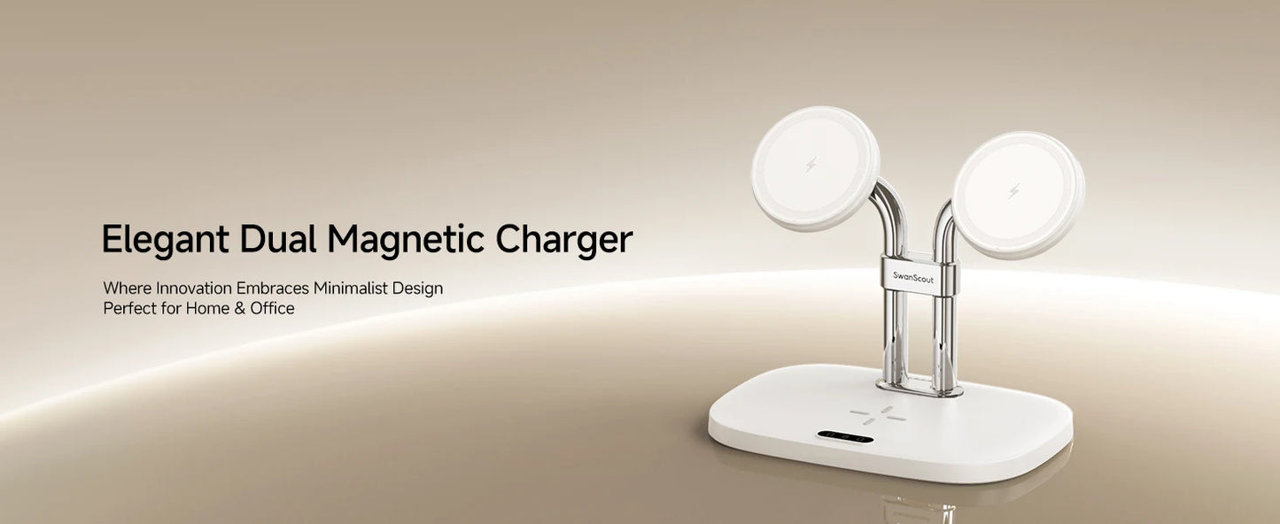 SwanScout 706M 3 In 1 Dual Magnetic Charging Station for iPhone 17 Pro Max 16 15 14 13 Wireless Charger for AirPods 4 3 Pro 3 2