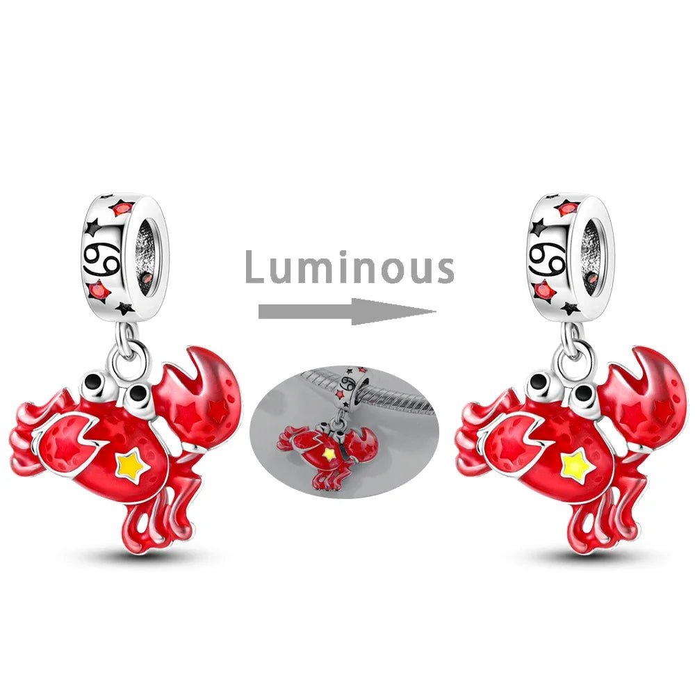Zodiac Signs Original Charms 925 Sterling Silver Glow in Dark Pendants Beads Fit Bracelet DIY Jewelry Birthday Gift for Women