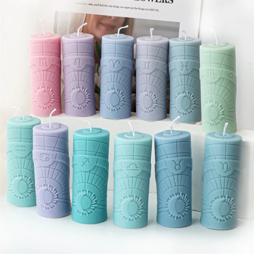 Zodiac Pillar Candle Mold DIY Twelve Constellation Tall Cylindrical Sun Luna Moon Pattern Silicone Mold Astrological Sign Decor