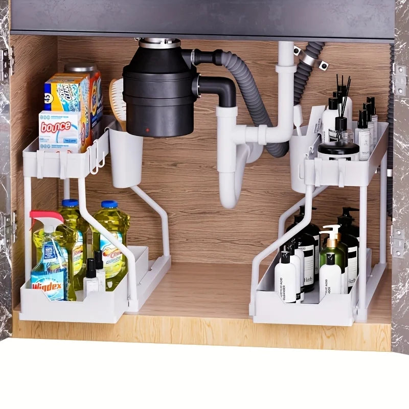 1Pc Under Sink 2 Tier Sliding Cabinet Basket Organizer Drawer Pull Out Cabinet Multi-Purpose Sink Organizer for Bathroom Kitchen