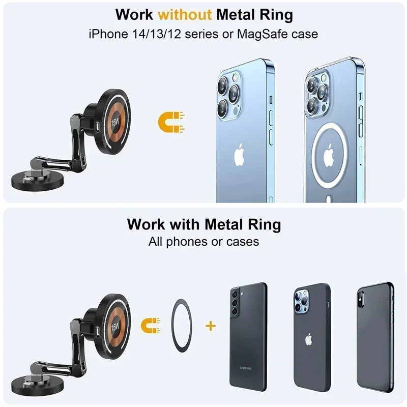 Magnetic Car Wireless Charger for iPhone 15 14 Pro Max Car Phone Holder 360 Rotation Metal Foldable Charging Stand for Samsung