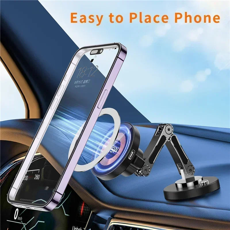 Magnetic Car Wireless Charger for iPhone 15 14 Pro Max Car Phone Holder 360 Rotation Metal Foldable Charging Stand for Samsung