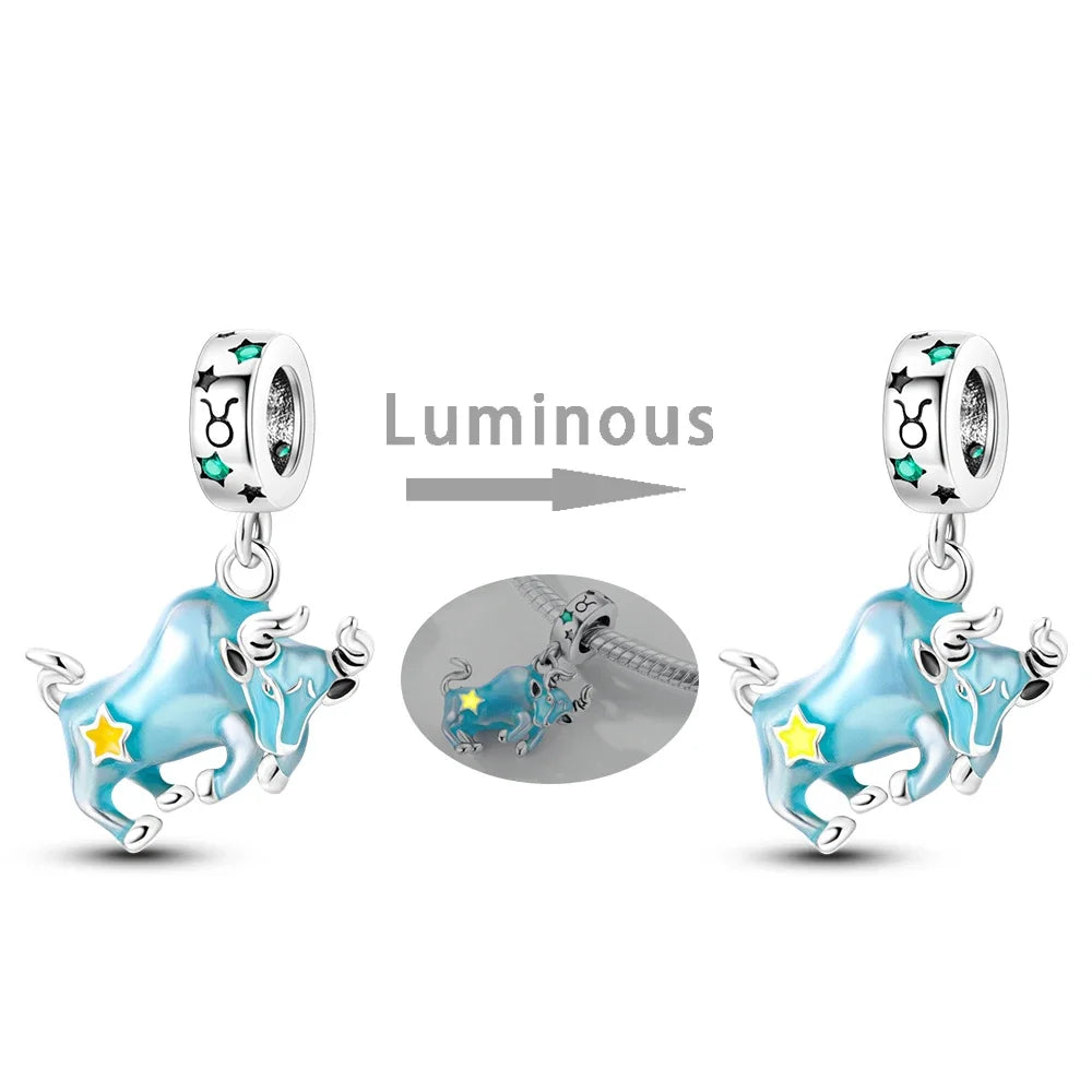 Zodiac Signs Original Charms 925 Sterling Silver Glow in Dark Pendants Beads Fit Bracelet DIY Jewelry Birthday Gift for Women