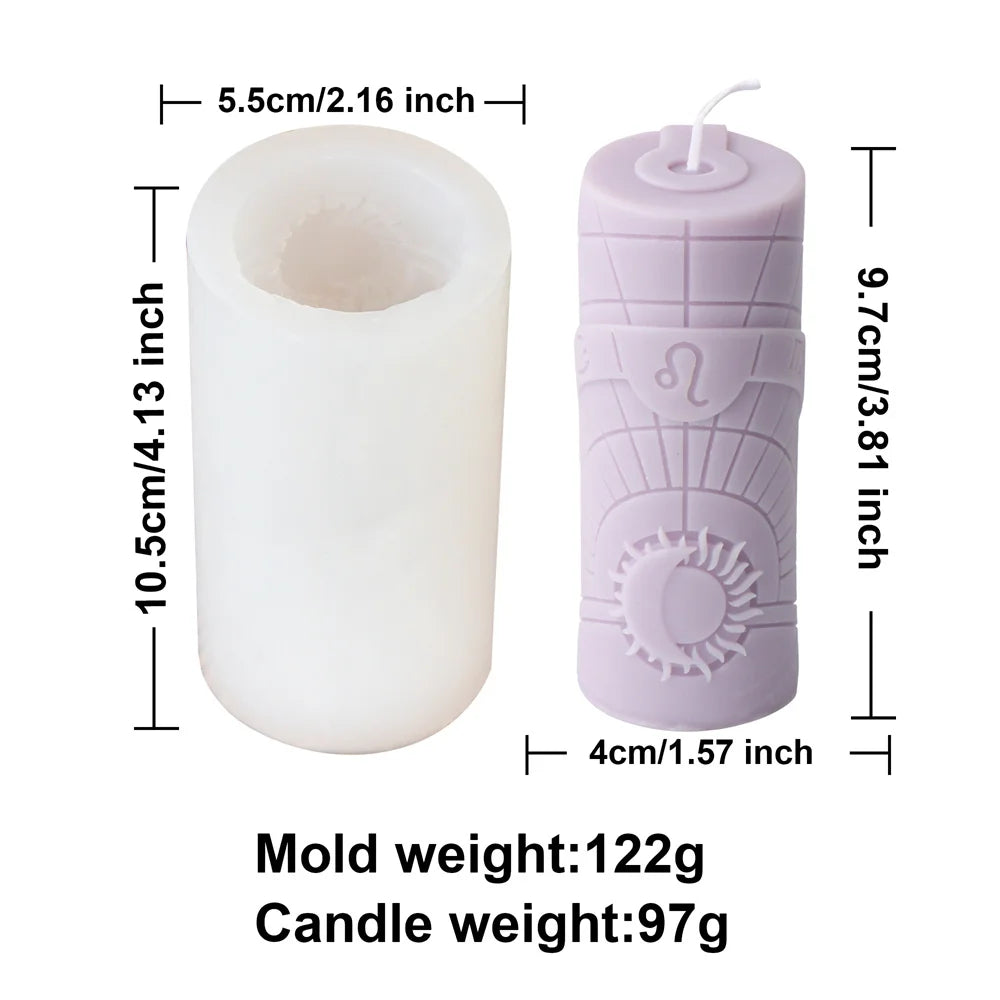 Zodiac Pillar Candle Mold DIY Twelve Constellation Tall Cylindrical Sun Luna Moon Pattern Silicone Mold Astrological Sign Decor