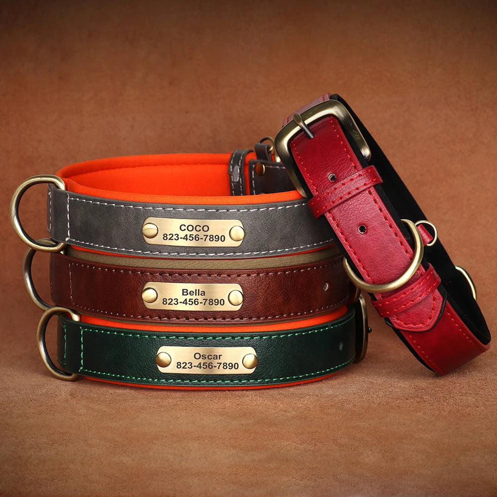 Personalized PU Leather Dog Collar Free Engraved Dog ID Collars Nameplate Soft Padded For Small Medium Large Dogs Adjustable