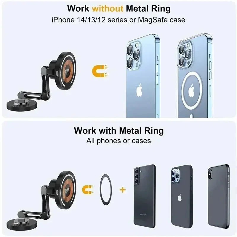 Magnetic Car Wireless Charger for iPhone 15 14 Pro Max Car Phone Holder 360 Rotation Metal Foldable Charging Stand for Samsung
