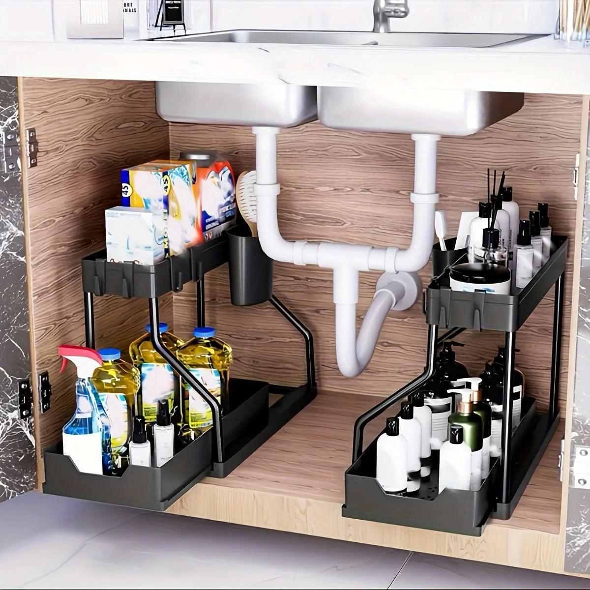 1Pc Under Sink 2 Tier Sliding Cabinet Basket Organizer Drawer Pull Out Cabinet Multi-Purpose Sink Organizer for Bathroom Kitchen