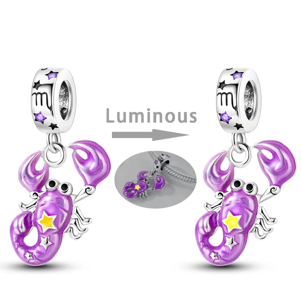 Zodiac Signs Original Charms 925 Sterling Silver Glow in Dark Pendants Beads Fit Bracelet DIY Jewelry Birthday Gift for Women