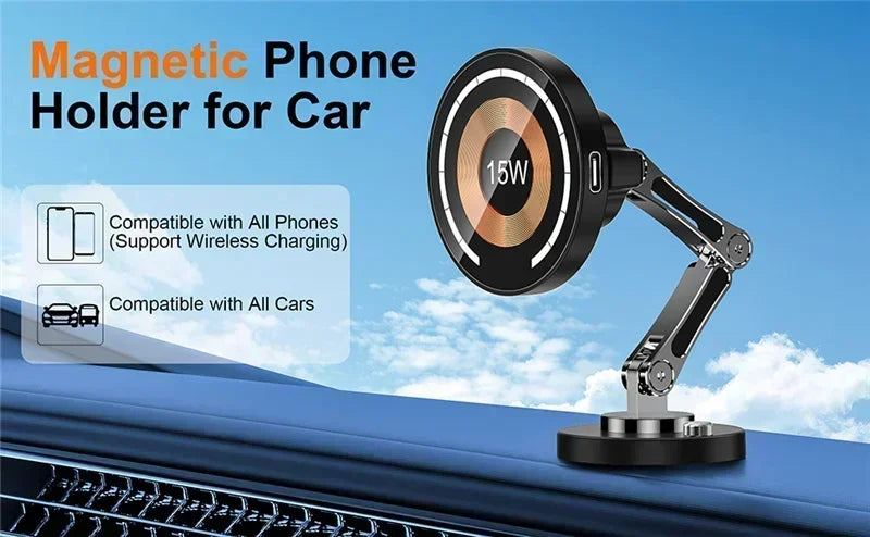 Magnetic Car Wireless Charger for iPhone 15 14 Pro Max Car Phone Holder 360 Rotation Metal Foldable Charging Stand for Samsung