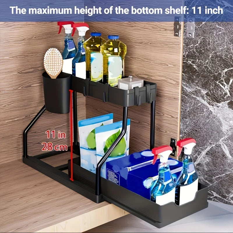 1Pc Under Sink 2 Tier Sliding Cabinet Basket Organizer Drawer Pull Out Cabinet Multi-Purpose Sink Organizer for Bathroom Kitchen