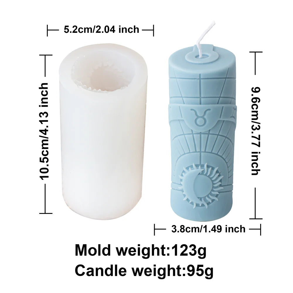 Zodiac Pillar Candle Mold DIY Twelve Constellation Tall Cylindrical Sun Luna Moon Pattern Silicone Mold Astrological Sign Decor