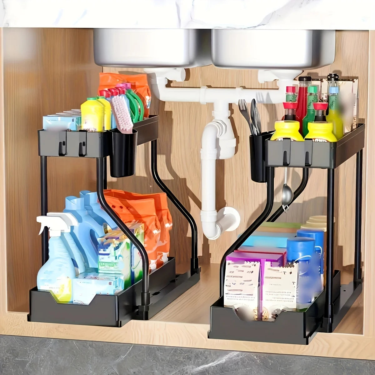 1Pc Under Sink 2 Tier Sliding Cabinet Basket Organizer Drawer Pull Out Cabinet Multi-Purpose Sink Organizer for Bathroom Kitchen