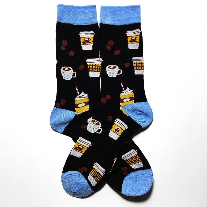 58 Style Food Theme Men Cartoon Socks Cotton Fruit Banana beer coffee bean doughnut sandwich hamburger sushi ice crea Long Socks