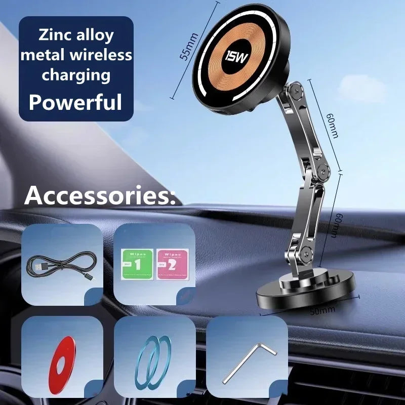 Magnetic Car Wireless Charger for iPhone 15 14 Pro Max Car Phone Holder 360 Rotation Metal Foldable Charging Stand for Samsung