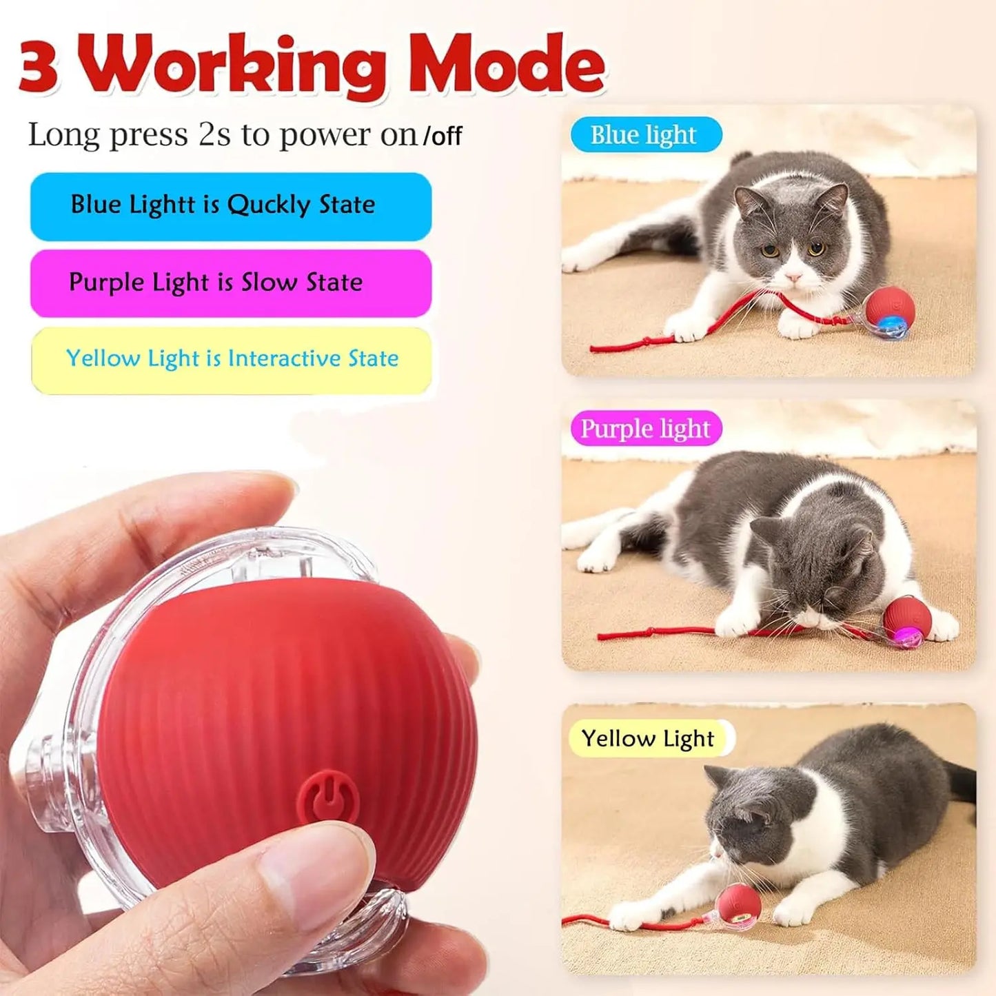 Interactive Cat Toys Ball Automatic Rolling Rechargeable Smart Obstacle Avoid Running Toys for Energetic Indoor Cats