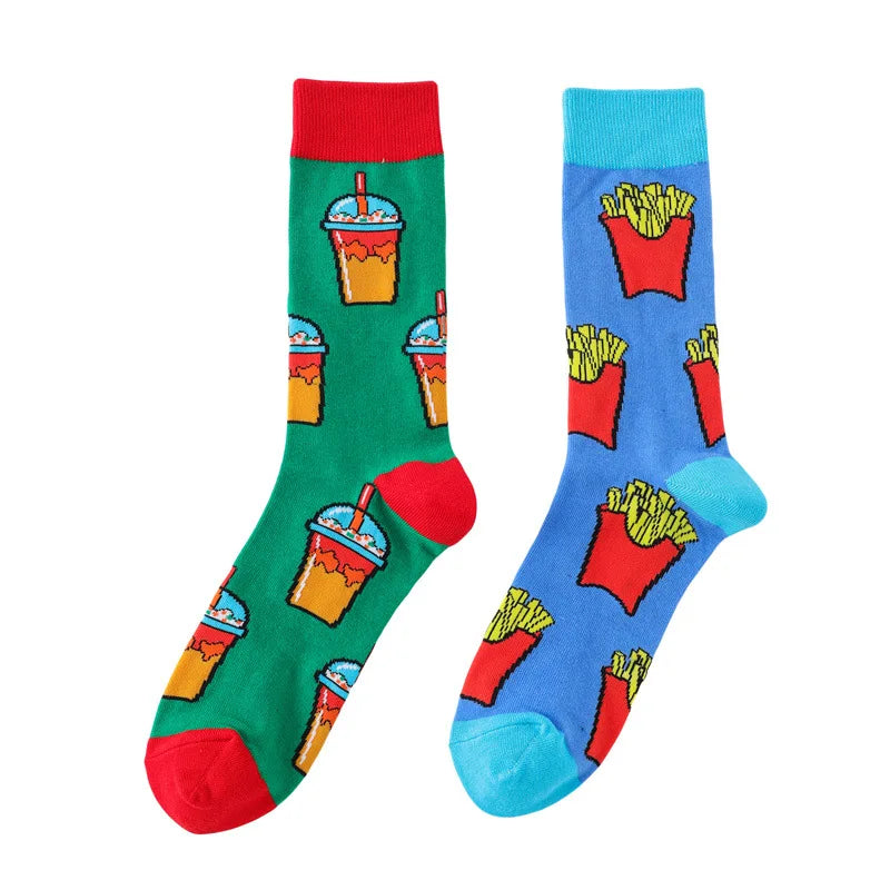 58 Style Food Theme Men Cartoon Socks Cotton Fruit Banana beer coffee bean doughnut sandwich hamburger sushi ice crea Long Socks