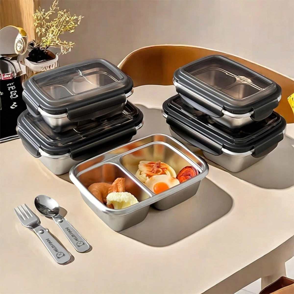 WORTHBUY Cute Pattern Lunch Box Student Portable 304 Stainless Steel Divided Bento Box Leak-proof Sealed Lunch Container