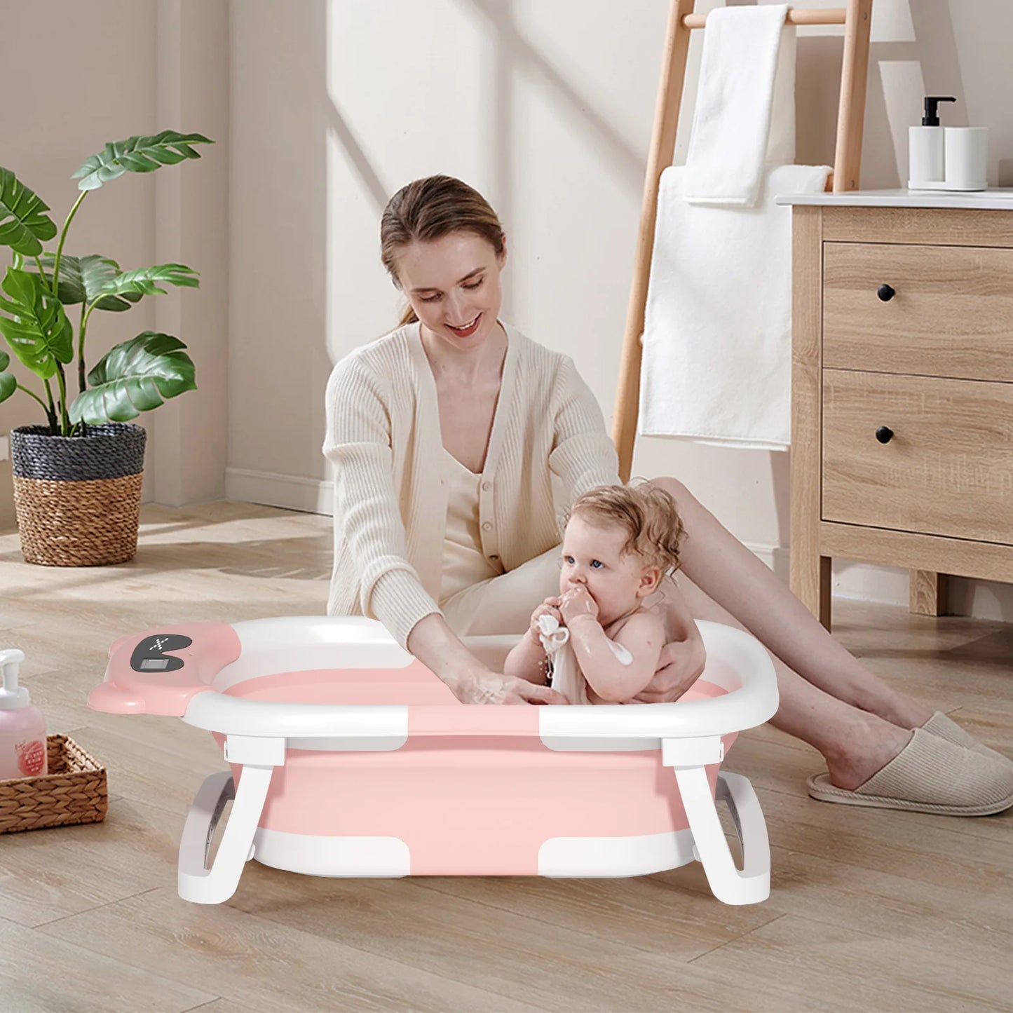 Eco-friendly Baby Bath with Temperature Indicator,Foldable Baby Bathtub for Newborn Baby Bath Tub,Infant Bath Tub with bath mat