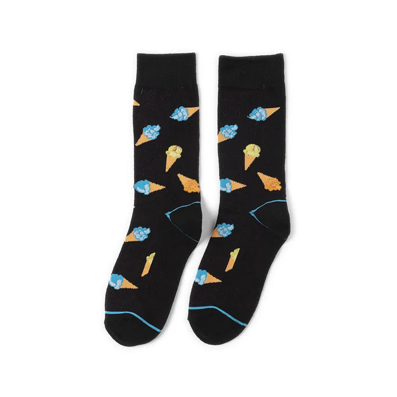 58 Style Food Theme Men Cartoon Socks Cotton Fruit Banana beer coffee bean doughnut sandwich hamburger sushi ice crea Long Socks