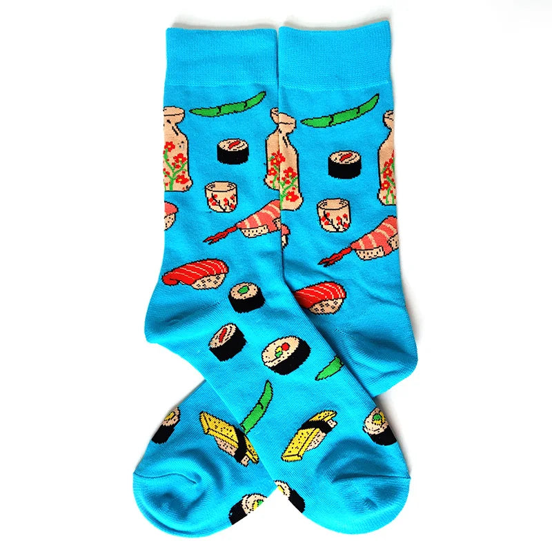58 Style Food Theme Men Cartoon Socks Cotton Fruit Banana beer coffee bean doughnut sandwich hamburger sushi ice crea Long Socks