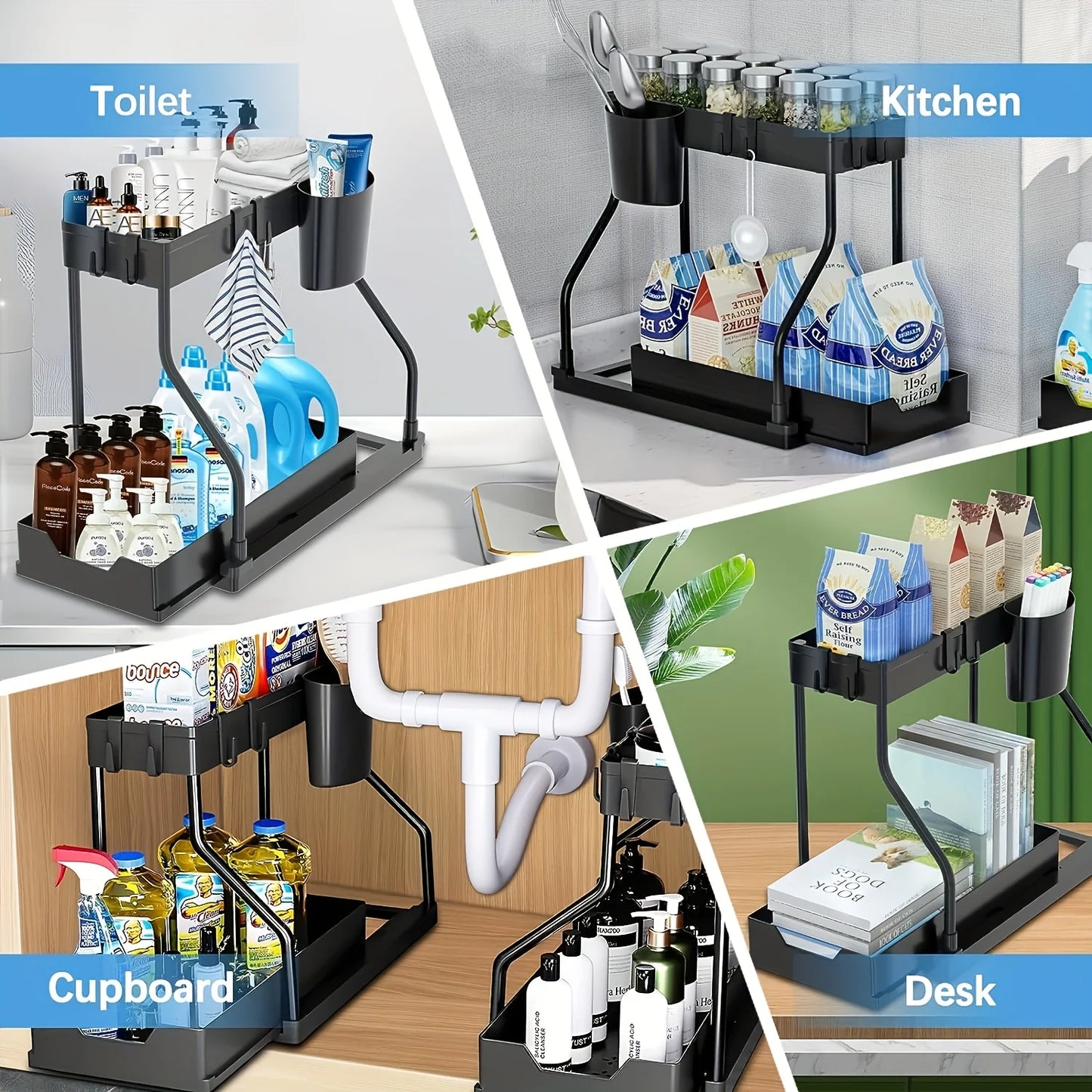1Pc Under Sink 2 Tier Sliding Cabinet Basket Organizer Drawer Pull Out Cabinet Multi-Purpose Sink Organizer for Bathroom Kitchen