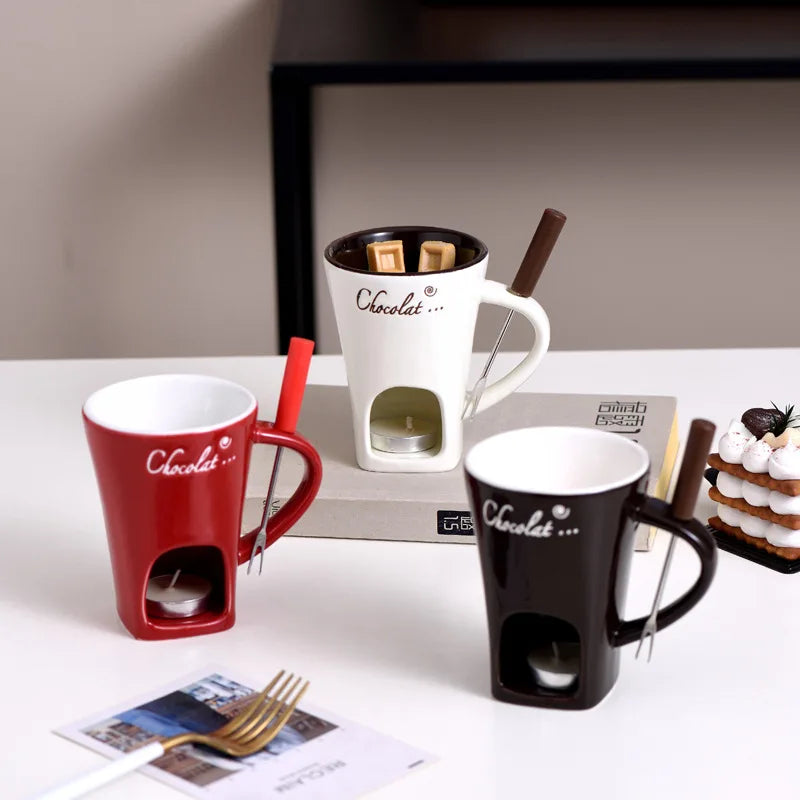 European Candle Cup Cheese Chocolate Melting Ceramic Mug Heating Food Ceramic Mug with Fork Creative Coffee Mug Tableware 130ML