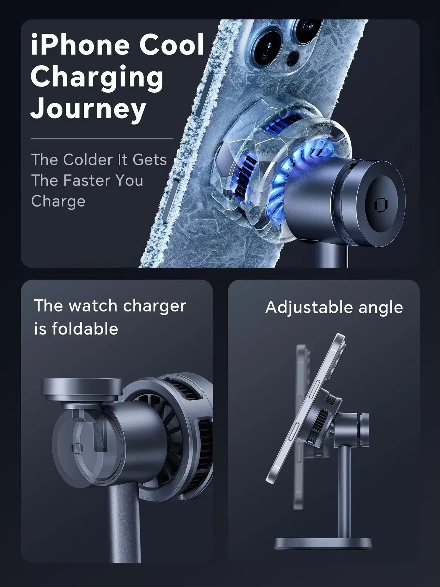TEC Cooling Qi2 3 in 1 Magnetic Wireless Charger Stand 15W Fast Charging for Iphone 16 15 14pro Max, Airpods,iwatch Series
