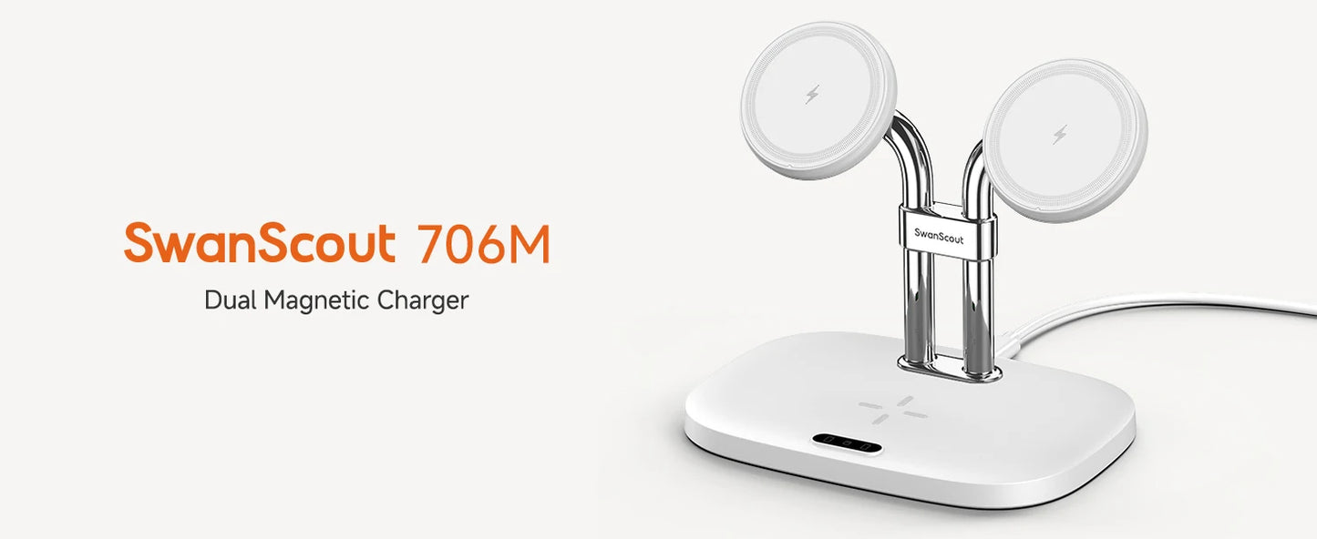 SwanScout 706M 3 In 1 Dual Magnetic Charging Station for iPhone 17 Pro Max 16 15 14 13 Wireless Charger for AirPods 4 3 Pro 3 2