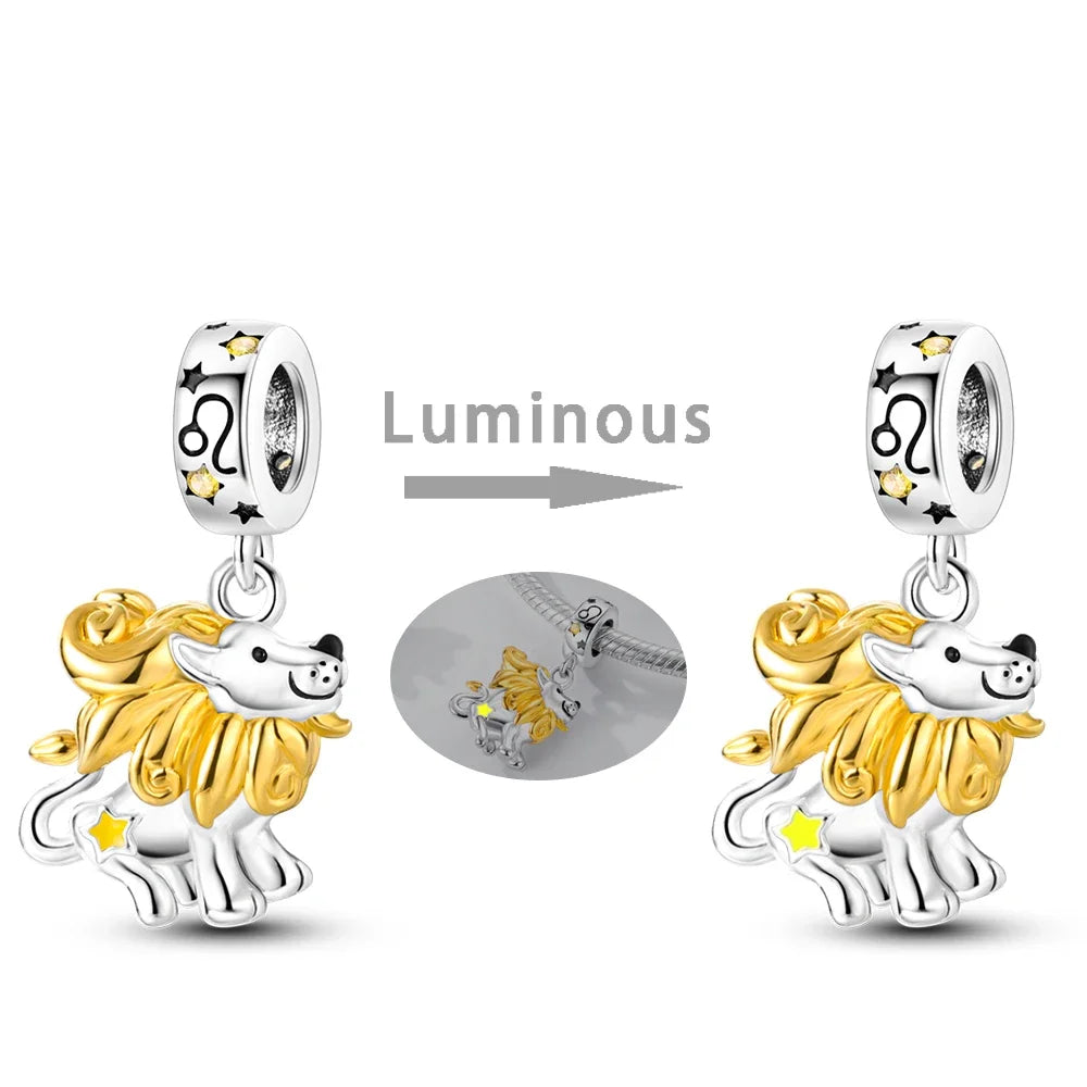 Zodiac Signs Original Charms 925 Sterling Silver Glow in Dark Pendants Beads Fit Bracelet DIY Jewelry Birthday Gift for Women