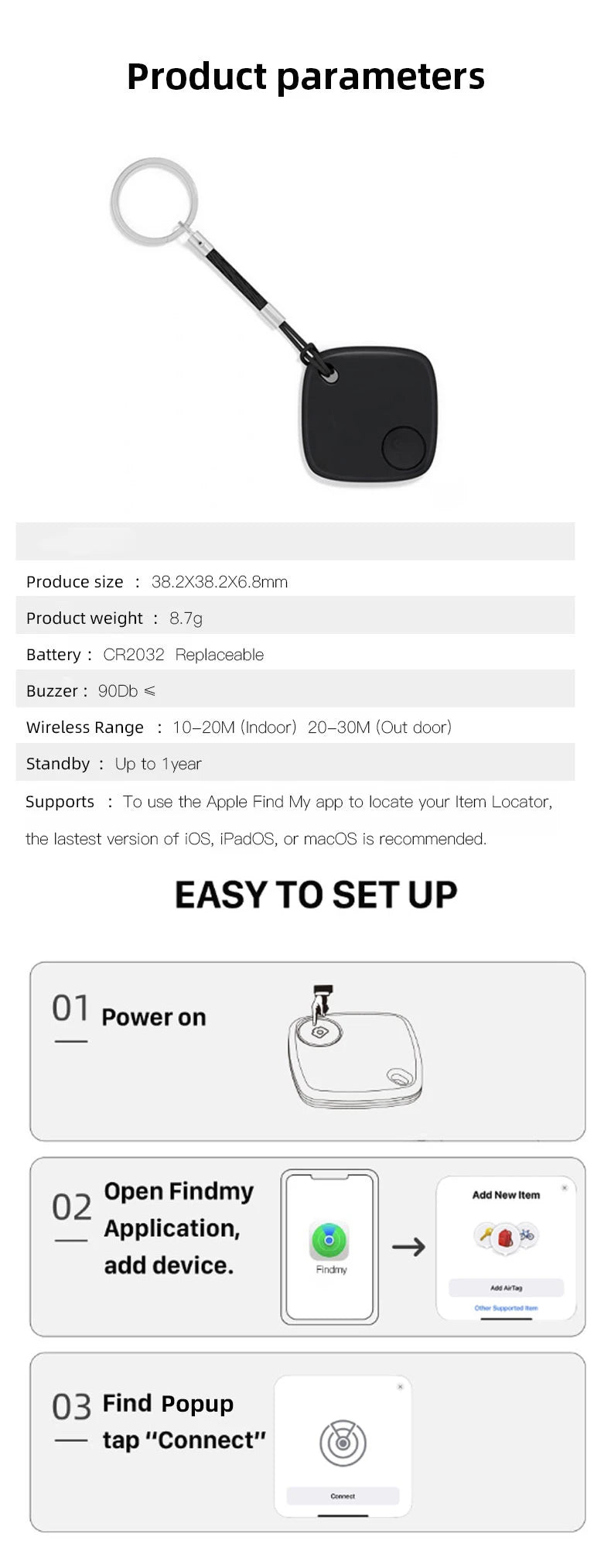 F2 Smart Airtag GPS Positioning Anti-Lost Device For iPhone iPad iOS Find My App Bluetooth Tracker Keys/Pets/Kids Locator Finder