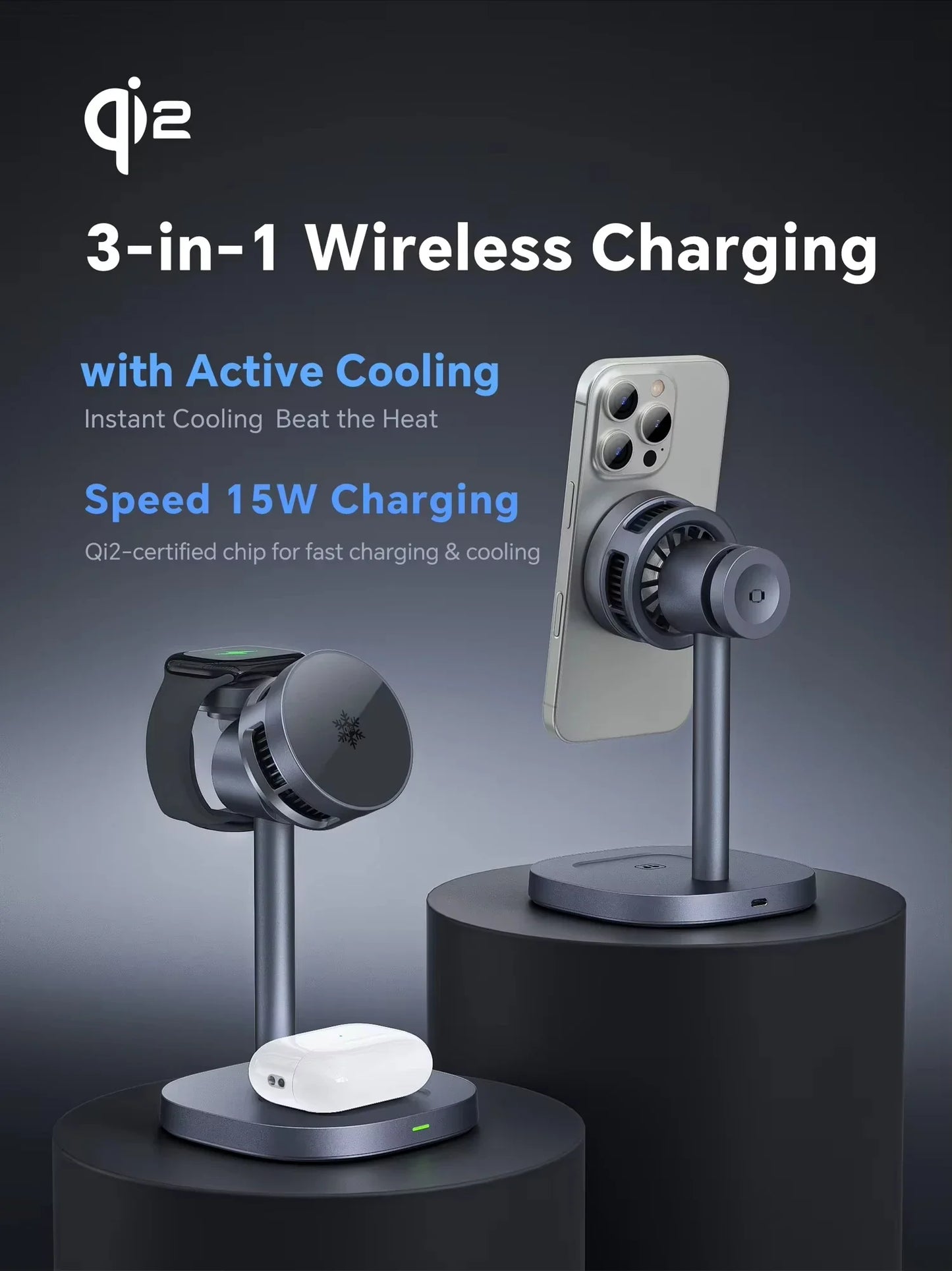 TEC Cooling Qi2 3 in 1 Magnetic Wireless Charger Stand 15W Fast Charging for Iphone 16 15 14pro Max, Airpods,iwatch Series