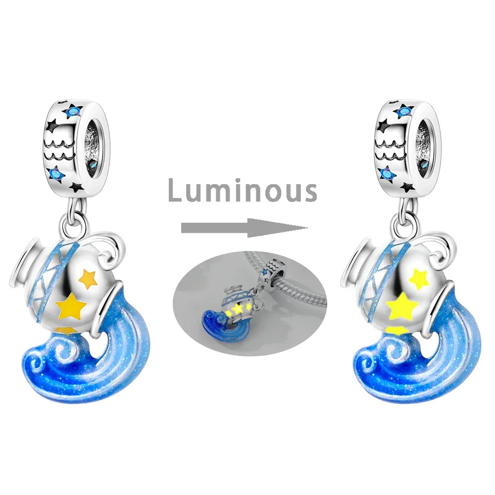 Zodiac Signs Original Charms 925 Sterling Silver Glow in Dark Pendants Beads Fit Bracelet DIY Jewelry Birthday Gift for Women