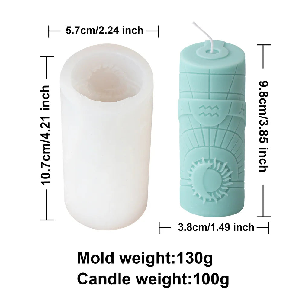 Zodiac Pillar Candle Mold DIY Twelve Constellation Tall Cylindrical Sun Luna Moon Pattern Silicone Mold Astrological Sign Decor