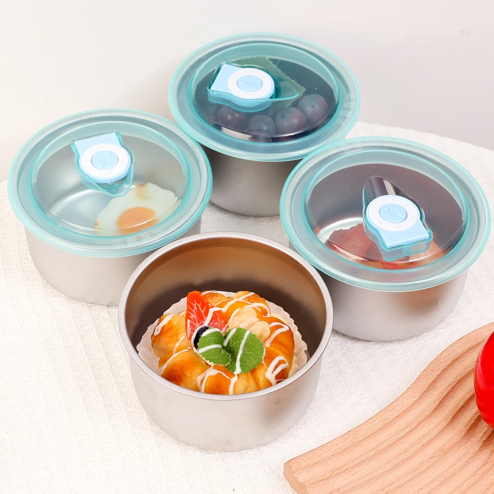 Round Leak-proof Lunch Box with Cover Stainless Steel Food Preservation Box Heat Resistant Sealed Food Storage Tank Tableware
