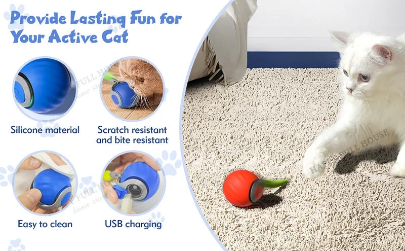 Smart Interactive Cat Toy Balls, Speedy Tail 2.0 Cat Toys, 2 Speed Adjustment Automatic Moving Ball with Replacement Tail