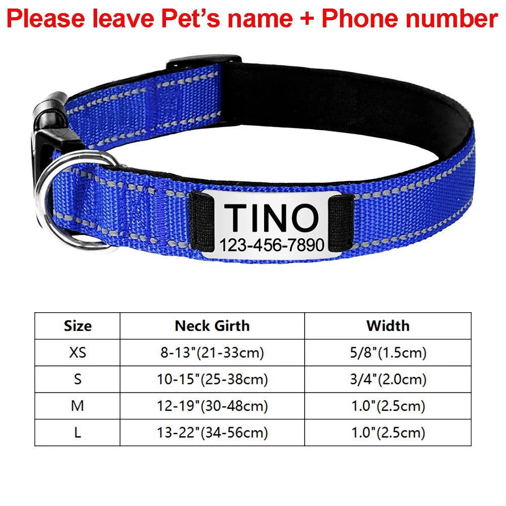 Adjustable Reflective Dog Collar Nylon Custom Engraved Name ID Tag Personalized Luminous Puppy Gleamy Large Unisex Dog Collar