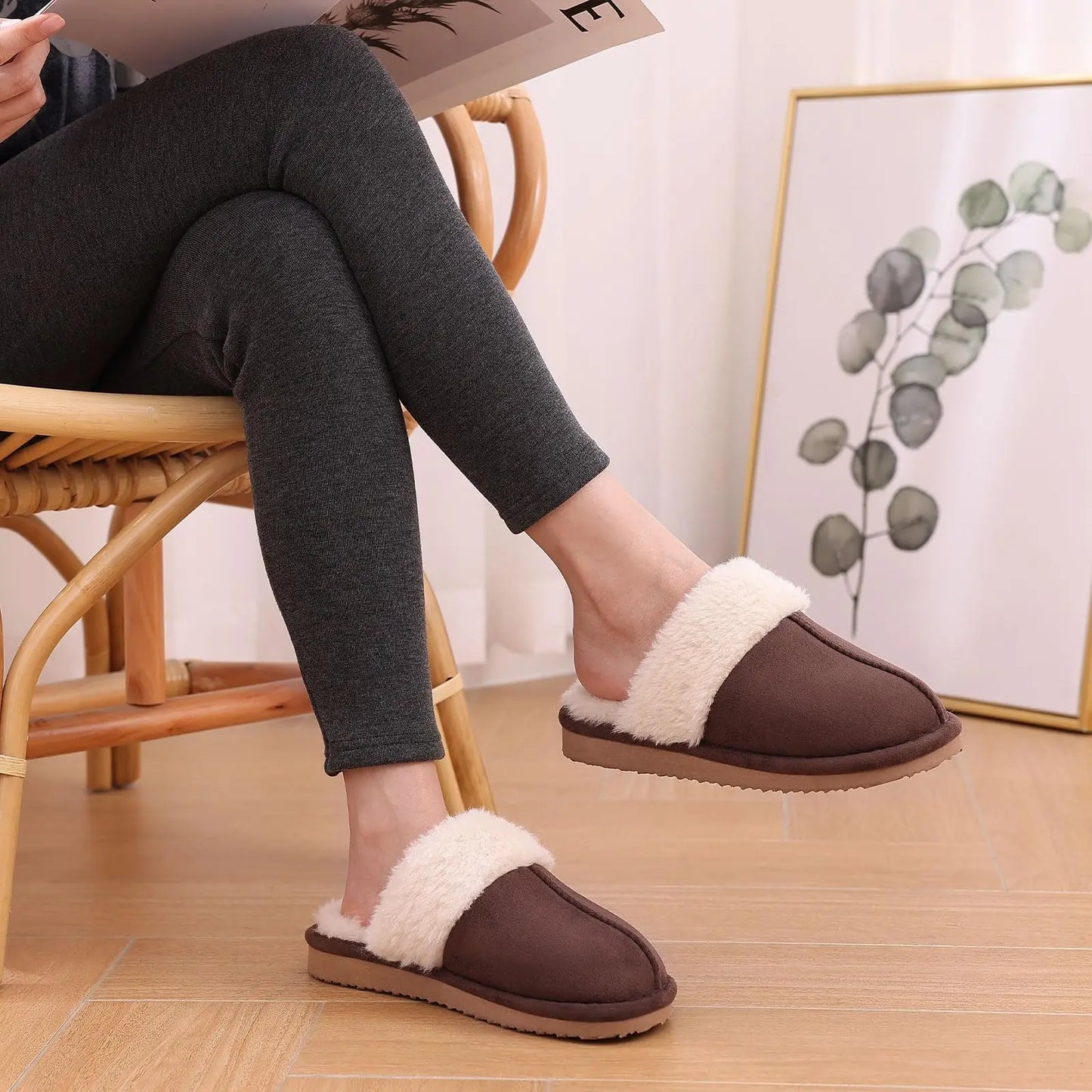 Kidmi Winter Women Fuzzy Slippers Classic Brand Fluffy House Shoes Indoor Warm Suede Cozy Slippers Casual Non-slip Cotton Shoes