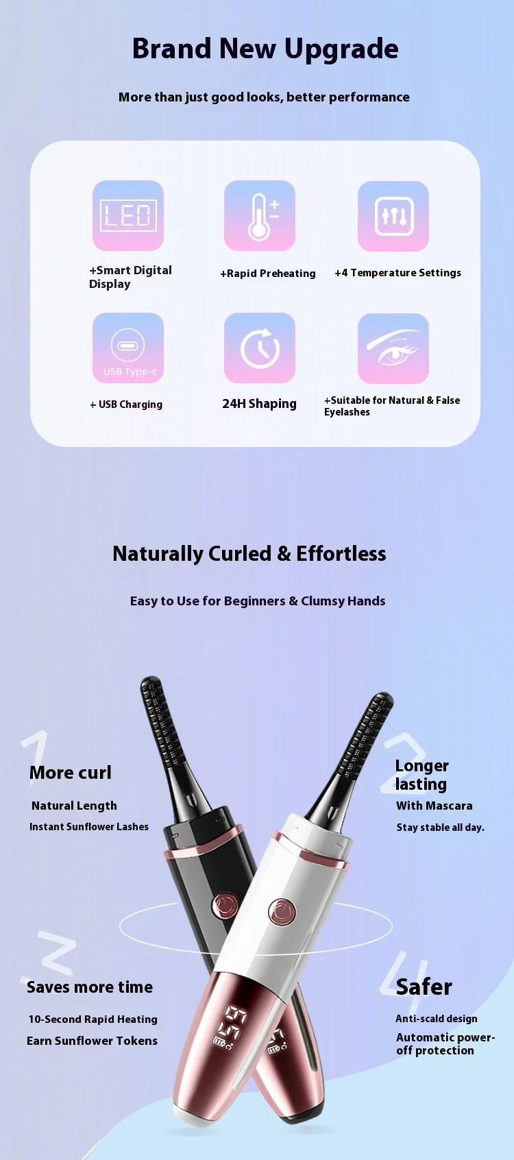 Heated Eyelash Curler, Fast Heat up Within 10s, 24 Hours Long Lasting, Rechargeable Electric Eyelash Curler, Temperature Control