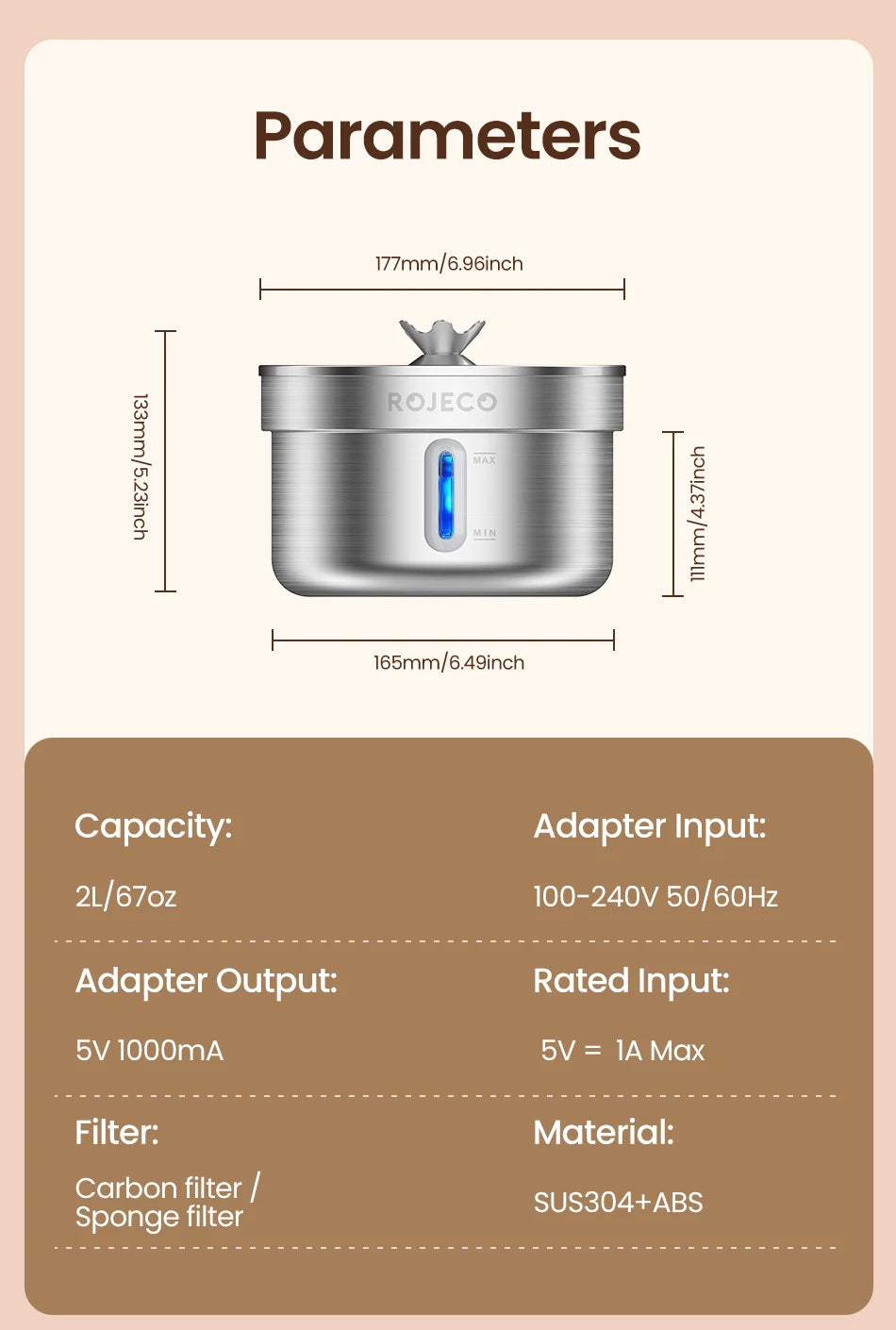 ROJECO Stainless Steel Pet Drinking Fountain Automatic Cat Water Fountain Smart Pet Water Dispenser for Dog Cat Drinking Supply