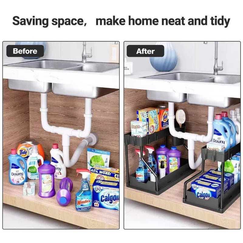 1Pc Under Sink 2 Tier Sliding Cabinet Basket Organizer Drawer Pull Out Cabinet Multi-Purpose Sink Organizer for Bathroom Kitchen