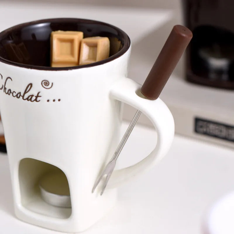 European Candle Cup Cheese Chocolate Melting Ceramic Mug Heating Food Ceramic Mug with Fork Creative Coffee Mug Tableware 130ML
