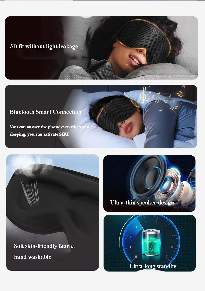 3D Wireless Sleeping Headphones Blindfold Soft Washable Bluetooth5.4 Music Headset Eyemask Handsfree Call Earphones Adjustable