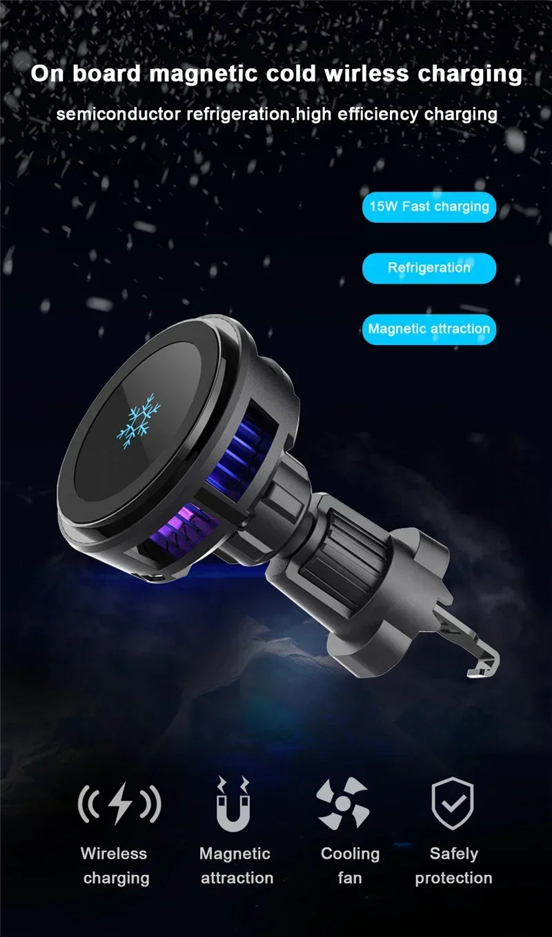 ice Cooling Magnetic Wireless Car Charger Stand for iPhone 16 15 14 13 12 Pro Max MacSafe Car Phone Holder Fast Charging Station