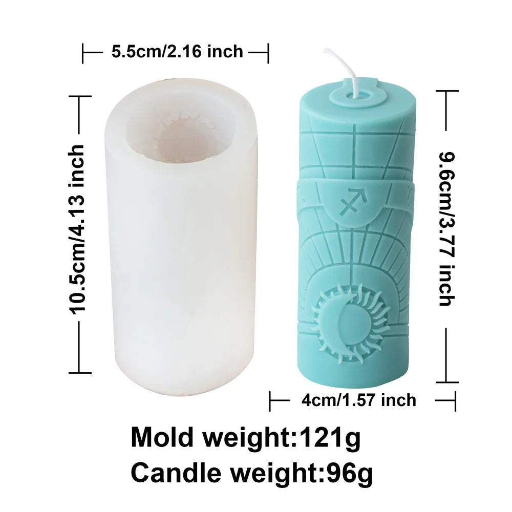 Zodiac Pillar Candle Mold DIY Twelve Constellation Tall Cylindrical Sun Luna Moon Pattern Silicone Mold Astrological Sign Decor