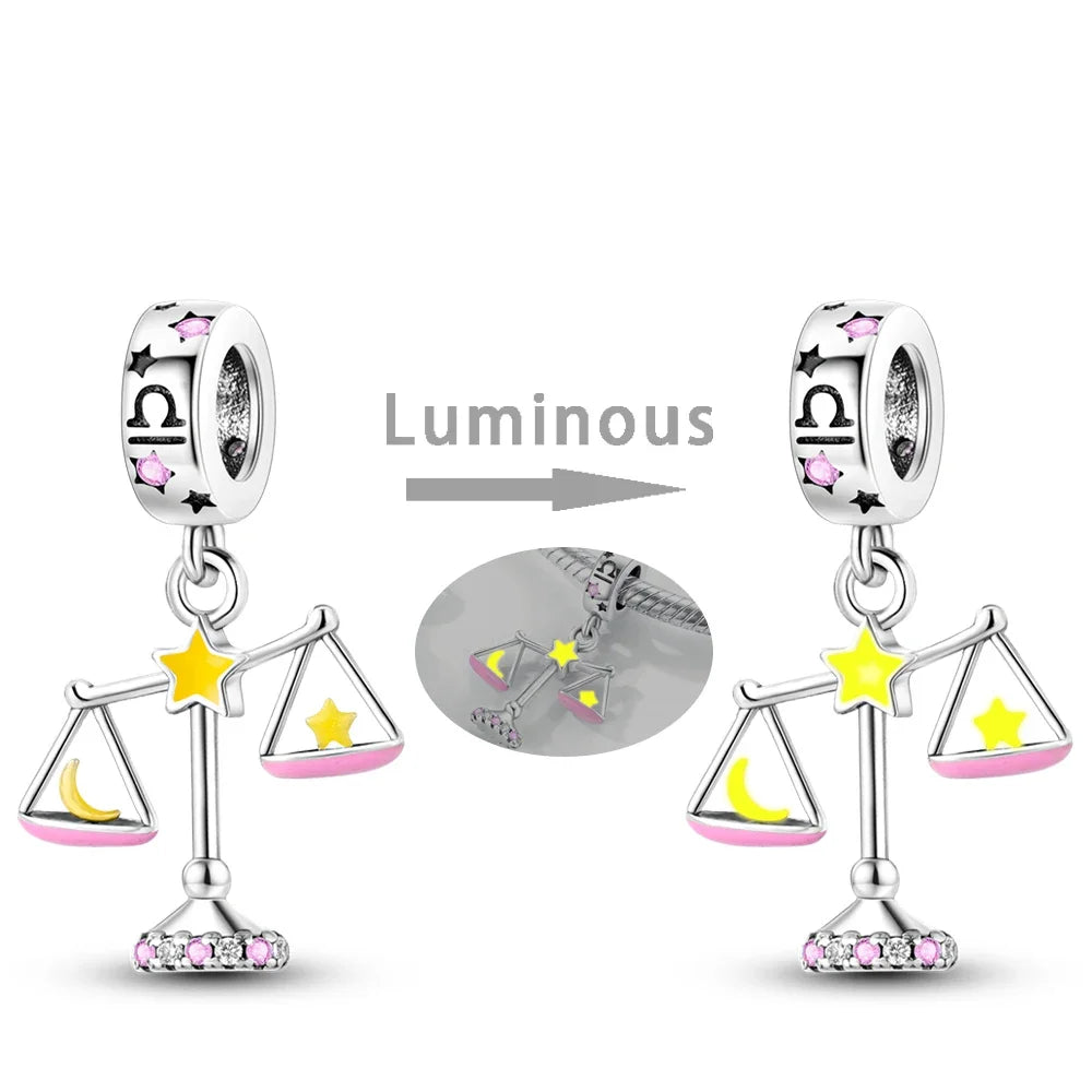 Zodiac Signs Original Charms 925 Sterling Silver Glow in Dark Pendants Beads Fit Bracelet DIY Jewelry Birthday Gift for Women